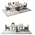 Modern Dining Table Set With Six Chairs Decorative Vase And Patterned Area Rug 3d model