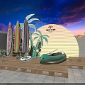 Repairs Sign With Surfboards Palm Trees And Small Boat On Wooden Pallet Platform At Sunset
