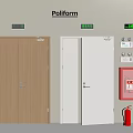 Fire Safety Equipment With Wooden And White Fire Doors Red Extinguishers And Green Exit Signs