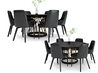 Modern Dining Table Set With Black Chairs Gold Legs And Vase Plants 3d model