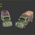 Two Vintage Military Truck Models with Camouflage Paint Roof Racks Yellow Headlights and Retro Design