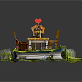 Cartoon Scene Featuring Opened Book Dining Table Chairs Red Heart Green Grass and Flower Bouquet