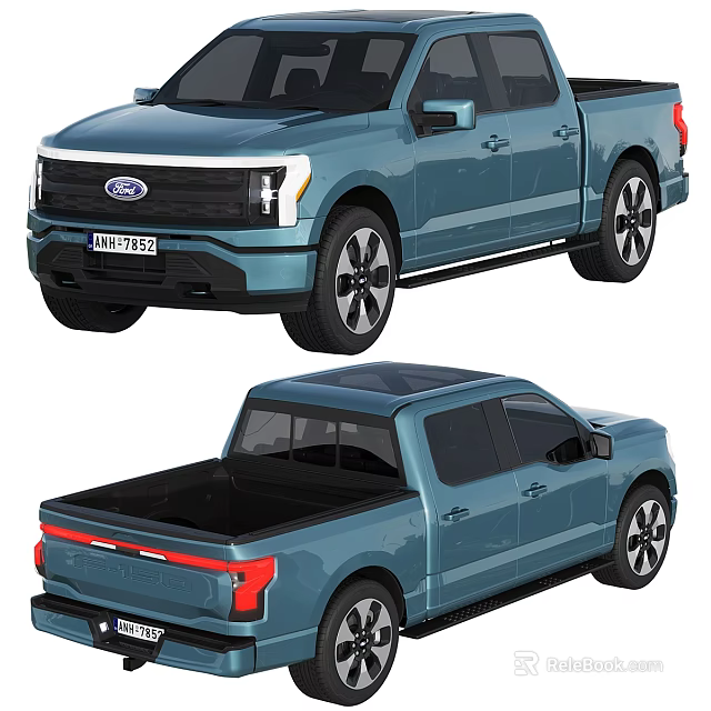 Ford Blue Electric Pickup Truck Front And Rear View With Open Bed 3d model 