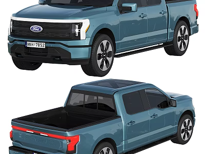 Ford Blue Electric Pickup Truck Front And Rear View With Open Bed 3d model