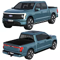 Ford Blue Electric Pickup Truck Front And Rear View With Open Bed