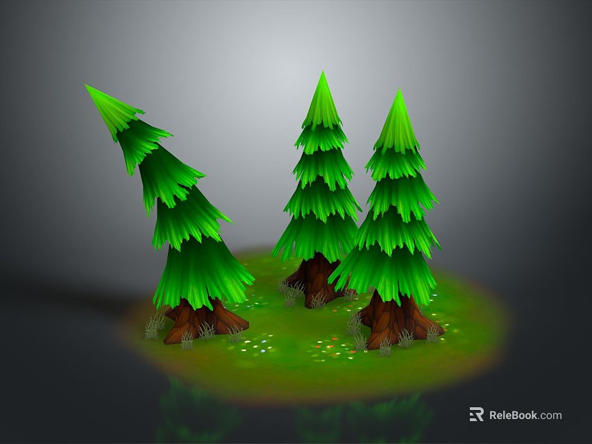 Artificial Green Pine Tree Decorations With Brown Trunks Grass Base And Small Flowers 3d model 