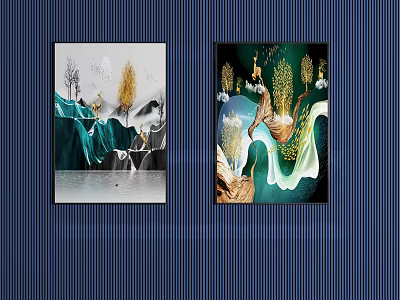 Modern Abstract Decorative Paintings With Tree Wave Patterns On Blue Striped Wall 3d model