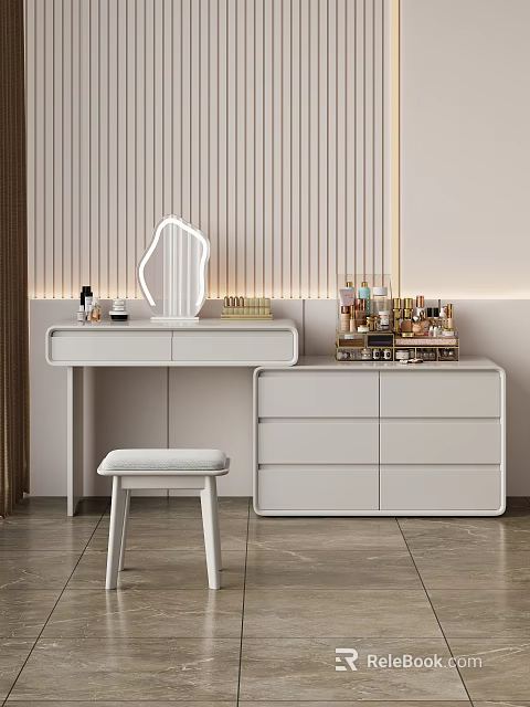 Modern White Dressing Table Interior With Mirror Stool And Cosmetics 3d model