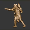 Detailed Golden Knight Statue Holding Torch In Pointing Stance On Dark Surface