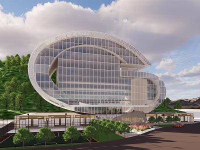 Modern Sleek Office Building With Curved Glass Exterior Surrounded By Greenery And Parking Area 3d model