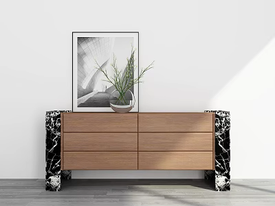 Modern Wooden Decorative Cabinet With Black Marble Legs Green Plant And Decorative Painting 3d model