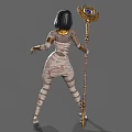 Mummy Style Game Movie Character With White Bandages Golden Winged Scepter And Black Hair