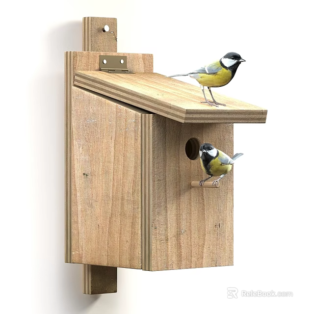Wooden Birdhouse Structure With Birds Perching On Roof And Entry Hole Mounted On Post 3d model 