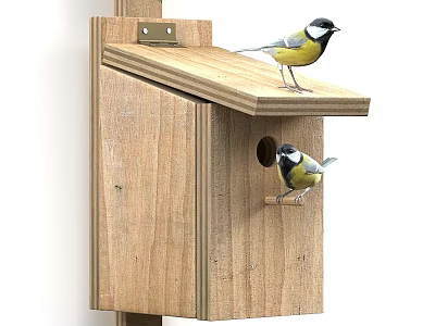 Wooden Birdhouse Structure With Birds Perching On Roof And Entry Hole Mounted On Post 3d model