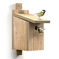 Wooden Birdhouse Structure With Birds Perching On Roof And Entry Hole Mounted On Post