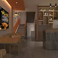 Modern Restaurant Interior With Wooden Tables Chairs Hanging Lights And Display Shelves