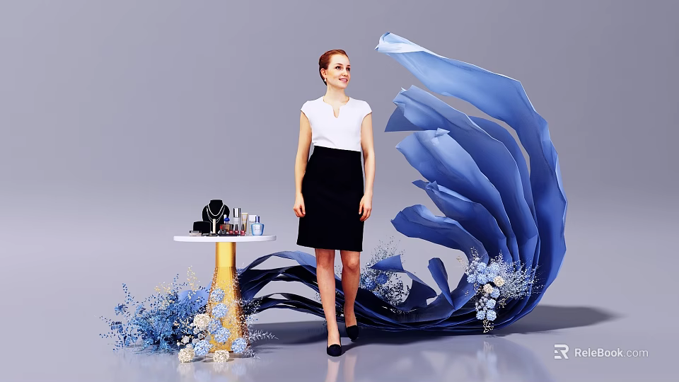 Chic Photo Spot With Large Blue Decorative Petals Gold Pedestal Table Cosmetics And Floral Accents 3d model 