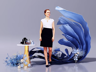 Chic Photo Spot With Large Blue Decorative Petals Gold Pedestal Table Cosmetics And Floral Accents 3d model