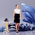 Chic Photo Spot With Large Blue Decorative Petals Gold Pedestal Table Cosmetics And Floral Accents