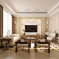 Elegant Living and Dining Room Interior With Neutral Sofa Coffee Table And Decorative Painting
