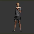 A Man In Gray Short Sleeve Shirt And Black Shorts Stretching Arms On Dark Background