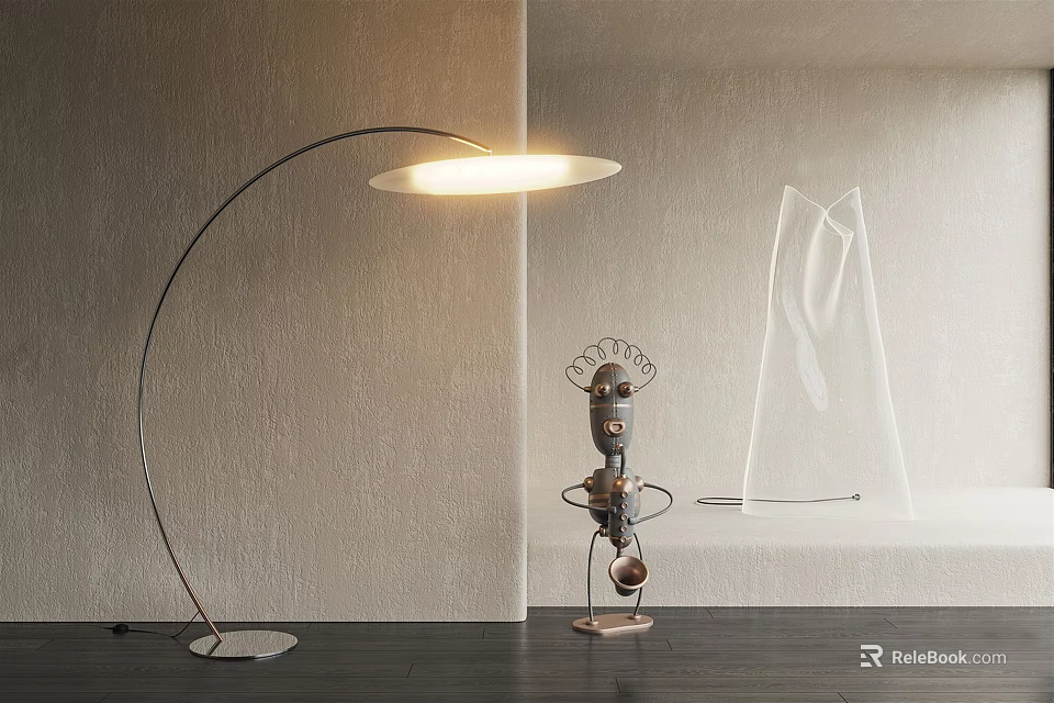 Modern Arched Floor Lamp Illuminated With Decorative Figurine And Transparent Sculpture 3d model 