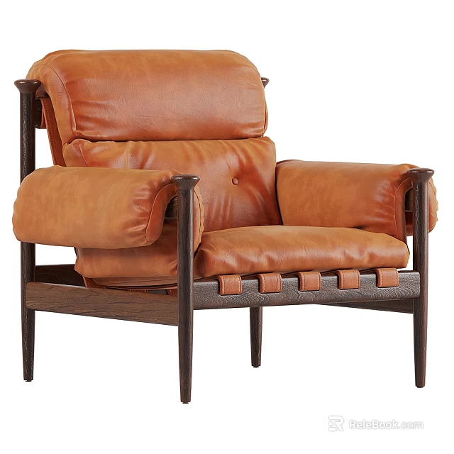 Brown Leather Single Sofa With Dark Wooden Frame Plush Backrest And Comfortable Armrests 3d model 