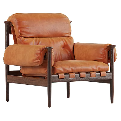 Brown Leather Single Sofa With Dark Wooden Frame Plush Backrest And Comfortable Armrests 3d model