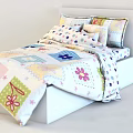 Double Bed With Colorful Patchwork Bedspread Floral Patterned Pillows And Soft Quilted Design 3d model