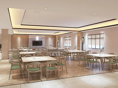 Spacious Modern Restaurant Interior With Wooden Tables Green Chairs Windows And Ceiling Lights 3d model