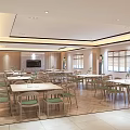 Spacious Modern Restaurant Interior With Wooden Tables Green Chairs Windows And Ceiling Lights