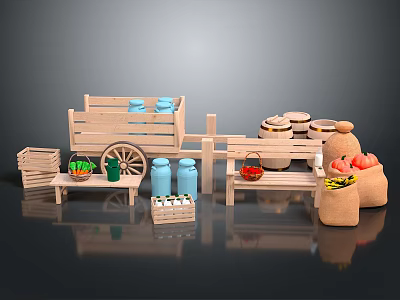 Rustic Market Display Components With Wooden Cart Crates Blue Jars Barrels Sacks And Produce 3d model