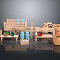 Rustic Market Display Components With Wooden Cart Crates Blue Jars Barrels Sacks And Produce