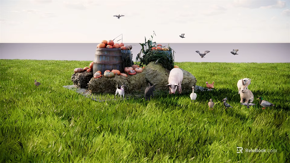 Reptile Wandering On Green Grass Near Pumpkin Barrel Haystack And Farm Animals 3d model 