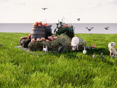 Reptile Wandering On Green Grass Near Pumpkin Barrel Haystack And Farm Animals 3d model