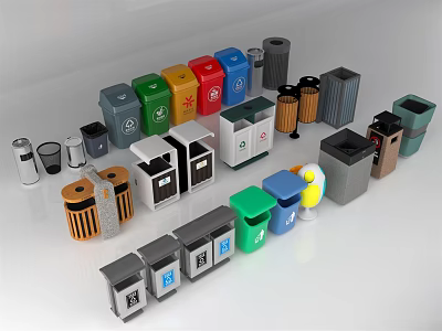 Public Facilities Trash Bins In Various Colors And Styles For Waste Sorting 3d model