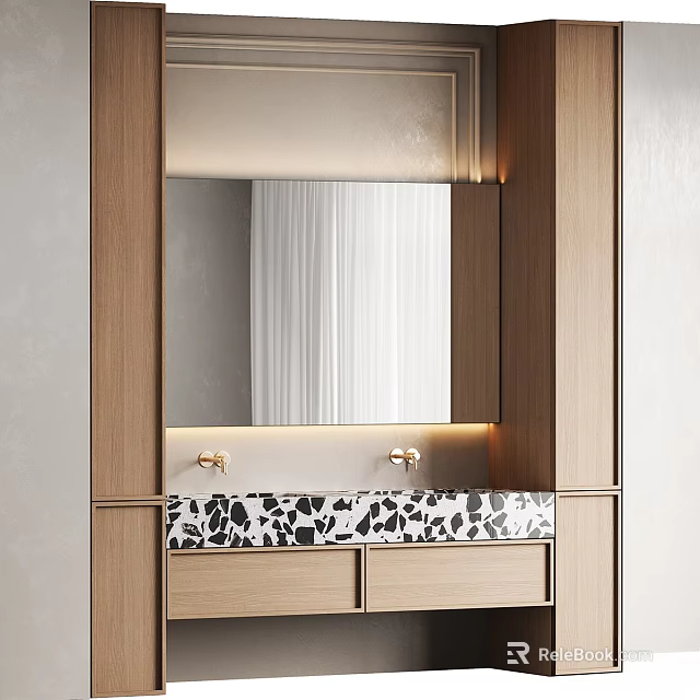 Bathroom Vanity with Wooden Frame Mirror Lighting Black White Speckled Countertop Gold Faucets and Drawers 3d model 