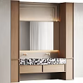 Bathroom Vanity with Wooden Frame Mirror Lighting Black White Speckled Countertop Gold Faucets and Drawers