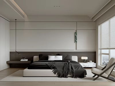 Modern Minimalist Bedroom Interior With Bed Pillows Blanket Window Blinds And Chair 3d model