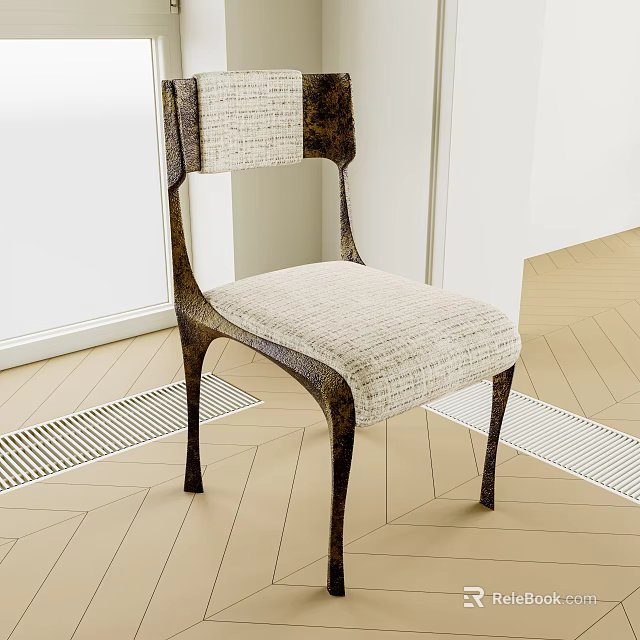 Elegant Modern Single Chair With Fabric Cushion And Dark Legs On Herringbone Wooden Floor 3d model 