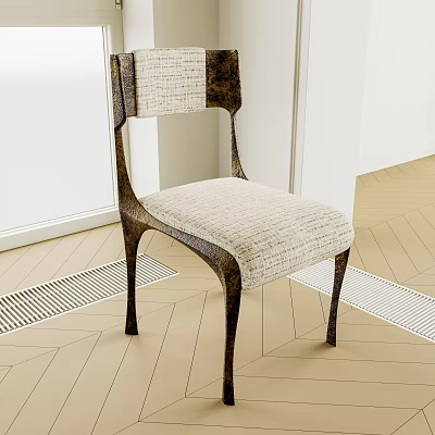 Elegant Modern Single Chair With Fabric Cushion And Dark Legs On Herringbone Wooden Floor 3d model