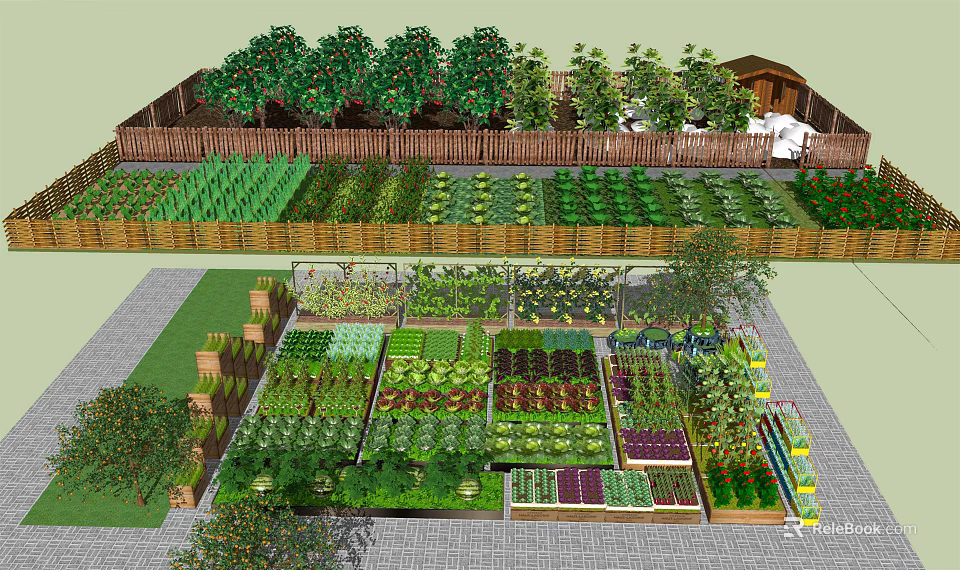 Garden Landscape With Diverse Plants Vegetable Beds Wooden Fences And Greenhouse Structures 3d model 