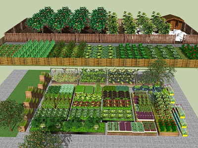 Garden Landscape With Diverse Plants Vegetable Beds Wooden Fences And Greenhouse Structures 3d model