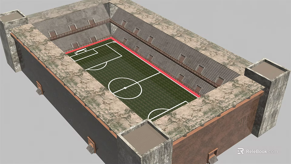 Football Stadium Featuring Green Turf White Markings and Tiered Bleacher Seats 3d model 