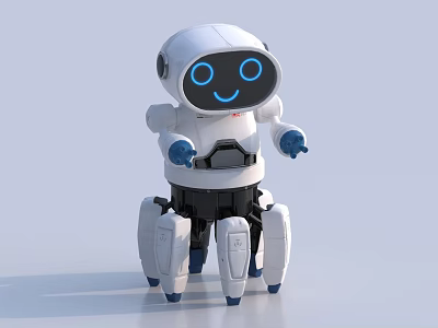 Friendly Smart Robot With White Body Blue Eyes Smiling Face And Mechanical Legs 3d model