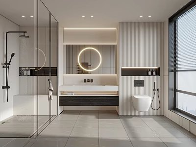 Modern Bathroom Interior With Glass Shower Backlit Round Mirror Wall Mounted Toilet And Tiled Floor 3d model