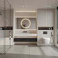 Modern Bathroom Interior With Glass Shower Backlit Round Mirror Wall Mounted Toilet And Tiled Floor