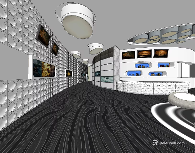 Elevator Hallway Design With Circular Patterned Walls Dark Textured Flooring And Round Ceiling Lights 3d model