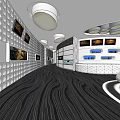 Elevator Hallway Design With Circular Patterned Walls Dark Textured Flooring And Round Ceiling Lights 3d model