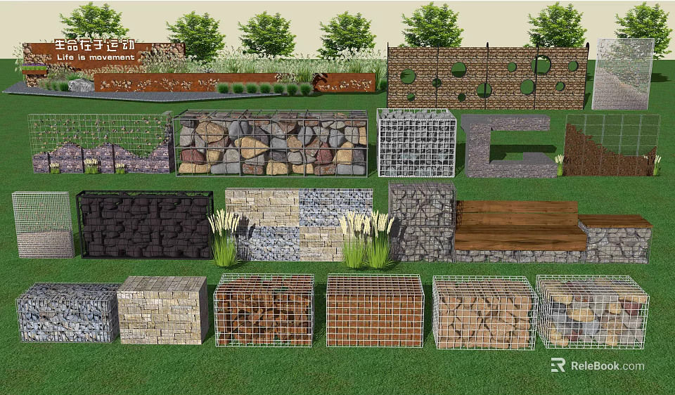 Stone And Wood Landscape Structures With Various Wall Designs And Greenery 3d model